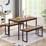 Kitchen Dining Table and 2 Bench Set, Garden Bench Home Furniture Set Dining Room Furniture, Solid Table & Sturdy Metal Frame Industrial, Rustic Brown