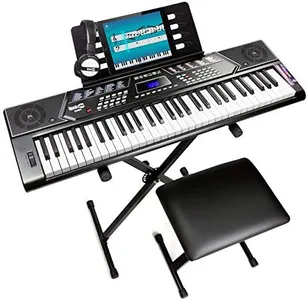 RockJam 61 Key Keyboard Piano Stand With Pitch Bend Kit, Piano Bench, Headphones, Simply Piano App & Keynote Stickers