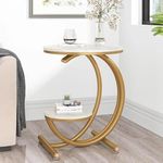 PREDELLA Round 2 Tier Coffee Table, Modern Coffee Table for Living Room, Tea, Coffee Tables Wooden Tabletop, Center Table,Bedside Table Durable Marble Top with Metal Legs- White&Gold