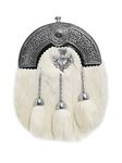 100% Leather White Rabbit Fur 3 Tassels Scottish Brass Cantle Sporran with Belt