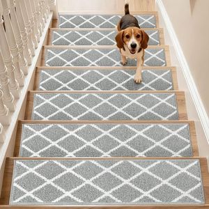 COSY HOMEER Edging Stair Treads Non-Slip Carpet Mat 28inX9in Indoor Stair Runners for Wooden Steps, Stair Rugs for Kids and Dogs, 100% Polyester TPE Backing 15pcs,Grey