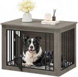 YITAHOME Dog Crate Furniture for Large Dogs, Side End Table, Modern Dogs Kennel Indoor up to 60 lb, 2-in-1 Iron-Wood Fusion Dog Cage with Waterproof Top, Safety Corners, Steel Lock,38" L,Greige