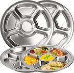 ZOOFOX Set of 4 Stainless Steel Divided Dinner Plate, Stainless Steel Plates with 5 Sections, Round Serving Platter, Cafeteria Mess Tray, Camping Dishes, 11 inches