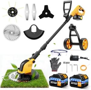 20000 RPM Electric Weed Wacker Battery Powered 6000mAh, 800W Brushless Weed Eater with Wheels, 4-in-1 Brush Cutter/String Trimmer/Grass Trimmer/Edger Tool,Stringless Weed Trimmer Metal Blade,2 Battery