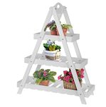 URBNLIVING 3-Tier Triangular Wooden Plant Ladder Stand Rustic Garden Flower Display Shelf (White)