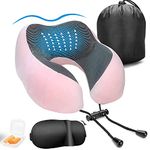 VASLON Travel Neck Pillow,Soft and Comfortable Memory Foam Neck Cushion,Head & Chin Support Travel Pillow Machine Washable for Travel Flight Car Bus Train,with 3D Eye Mask,Earplugs,Luxury Bag (Pink)