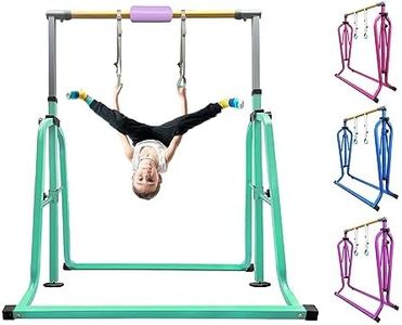kechery Foldable & Moveable Gymnastics Horizontal Bar with Rings,3’to 5’Adjustable Height Expandable Junior Kip Bar for Home,Indoor Gym Equipment for Kids(Foldable Green with Rings)