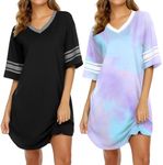 Ekouaer Nightgowns for Women 2 Pack Sleepshirts Short Sleeve Nightshirt V Neck Sleepwear Casual Pajama Dress,Black/Tie Dye,S