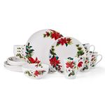 Mikasa Hope Joy Holiday Poinsettia Bone China Lightweight Chip Resistant 16 Piece Dinnerware Set, Service for 4, Multicolor