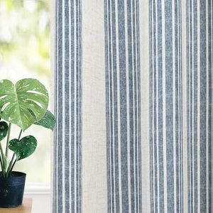 DriftAway Chris Vertical Striped Pattern Linen Blend Lined Thermal Insulated Blackout and Room Darkening Grommet Linen Curtains for Farmhouse Printed 2 Panels 52 Inch by 54 Inch Jean Navy Curtain