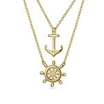 Set Of 2 Nautical Ship Wheel Layering Boat Anchor Pendant Necklace For Women Teens 14K Gold Plated .925 Sterling Silver Jewelry Set