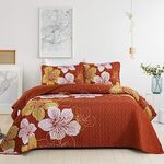 DJY Terracotta Quilt Set Queen Gold Floral Pattern Quilt Coverlet Set Boho Floral Bedspread with 2 Pillow Shams Elegant Flower Bedding Quilt Set for All Season (3 Pieces, 90"x 96")