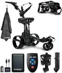 MGI Zip Navigator Electric Golf Cart with Seat Bundle | Full Directional Remote Controlled Motorized Golf Push Cart with Accessories and Signature Series Golf Towel | Plays 36 Holes