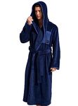 SlumberMee Mens Soft Coral Fleece Hooded Robe Full Length Long with Suede Pockets Fluffy Housecoat (Dark Blue, XL)