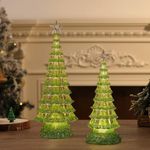 Lewondr Christmas Tree Tabletop Decoration, 2 PCS Snow Cone Tree Decor with Lights 13" and 10", Warm White LED Battery Powered Xmas Decor Tree for Fireplace, Bedside Christmas Holiday Decor, Green