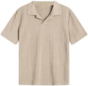 OYOANGLE Boy's Short Sleeve Collar Neck Cable Knitted Solid Plain Golf Uniform Shirt Khaki 8Y