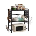 Adjustable Microwave Stand, 3-Tier Microwave Oven Rack with 9 Hooks, Roll Holder and Cutting Board Stand for Kitchen Shelves Counter Top Organizer, Holds 180lbs Bakers Racks for Kitchens (Black)