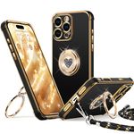 XYZ for iPhone 16 Pro Max Case with Stand, Double Ring Holder Case Heart with Lanyard for Girls Women, Luxury Cute Bling Protective Phone Cover Case for iPhone 16 Pro Max 6.9 inch, Black