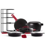 Cast Iron 17-Piece Preseasoned Cookware Set - 8"+10" Skillets + Glass Lids + 5-Quart Dutch Oven + 12" Braiser with Cast Iron Lid + Round Griddle + 15" Organizer Rack + Pan Scraper + Silicone Handle