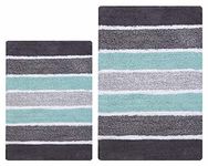 Bathroom Rugs Luxury Stripe Bath Rug Set 21x32-17x24 Grey-Aqua,2Piece Mat Set, Soft Plush Anti-Skid Shower Rug +Toilet Mat.Shaggy Carpet, Super Absorbent mats, Machine Washable Bath Mat,