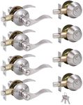 GITRANG (4 Pack Keyed Alike Front Door Lever Lockset with Single Cylinder Deadbolt Combination Set�， Wave Style Lever, Front Door/Exterior Door Knob with Lock and Deadbolt，Satin Nickel Finished