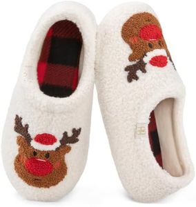 HomeTop Women's Fuzzy Curly Fur Memory Foam Loafer Slippers Bedroom House Shoes with Polar Fleece Lining (11-12 US,Xmas Reindeer)