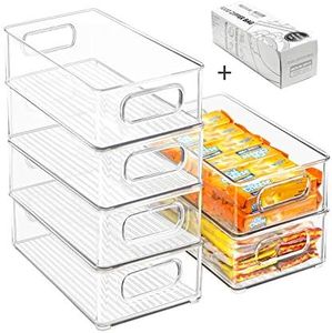 Stackable Refrigerator Organizer Bins, 6 Pack Clear Kitchen Organizer Container Bins with Handles and 20 PCS Plastic Bags for Pantry, Cabinets, Shelves, Drawer, Freezer - Food Safe, BPA Free 10"L