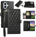 Boyobacase for iPhone 16 Plus Wallet Case,for iPhone 16 Plus Case, PU Leather Wallet Flip Cover Stand Feature[6 Card Slots] [1 Cash Pocket] [1 Zipper Coin Pocket] with Wrist Strap-Black