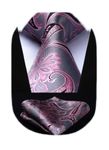 HISDERN Mens Paisley Tie and Handkerchief Extra Long Ties with Pocket Square Set Formal Pink & Silver Necktie for Wedding Party Business, XL, 160CM