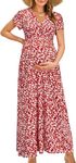 OUGES Summer Maternity Maxi Dress Wrap V Neck Baby Shower Pregnancy Dresses for Photoshoot(Floral-2, Medium)