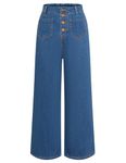 Belle Poque Women Vintage Wide Leg Trousers with Pockets High Waist Work Business Jeans Denim Blue L