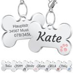 Nibana Dog Tag Personalized Pet ID Tags, Custom Dog Name Tags, Engraved on Both Sides, 4 Lines of Custom Text, Paw Print Bone Pet Tag for Dogs Cats (Pink)