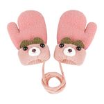 IPENNY Kids Baby Toddlers Cute Bear Winter Mittens Thick Fleece Lined Knit Gloves with Neck Hang String Full Finger Warm Ski Gloves Cold Weather Outdoor Hand Warmer Wear for Kids Ages 0 to 3