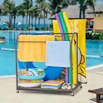 GAOMON Pool Towel Rack Outdoor with Rattan Base,5 Bar Free Standing Poolside Beach Towel,Rattan Weaving Outdoor Towel Rack,Storage Organizer with Compartment,Hot Tub Towel Rack,Grey