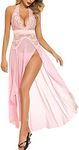 Avidlove Women Lingerie Deep V Neck Nightwear One Piece Sexy Nightgowns Mosaic Lace Mesh Dress Light Pink