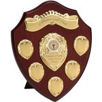 EIO Gifts Personalised Wooden Perpetual Annual Shield Award/Trophy | Customisable Sports Plaques | Football, Golf Trophies or any Special Awards | Euro Trophies Collection (Gold, 8inch/ 5shields)