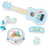 WoodenEdu Kids Guitar for Girls, Wooden Musical Instruments Toys with Ukulele, Tambourine, Maracas, Harmonica, Mini Band Sets for Toddlers 2 3 Years Old Birthday Gift (Blue for Boys)
