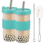 HEFBCOMK 2 Pack Reusable Boba Cup Smoothie Tumbler Glass Bubble Tea Cup, 24oz Iced Coffee Cups with Lids and Straws, Mason Jar Drinking Glasses for Bubble Tea, Beer, Smoothie, Juice (Mint Green)