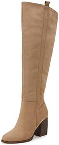 Womens Over The Knee Thigh High Boots Faux Suede Wide Calf Side Zipper Chunky Block Heel Stretch Boots, Khaki, 7