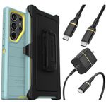 OtterBox Galaxy S23 Ultra (Only) Bundle: - Defender Series Case - Sails and Sun (Blue/Yellow) - Holster Clip Included - Microbial Defense Protection - USB-C to USB-C Wall Charging Kit, 20W.