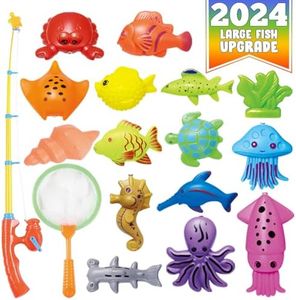 CozyBomB™ Kids Fishing Bath Toys Game - 17Pcs Magnetic Floating Toy Magnet Pole Rod Net, Plastic Floating Fish - Toddler Education Teaching and Learning Colors (New)