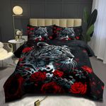 CCoutueChen Red Rose Leopard Comforter Set Queen Size Black Wildlife Comforters 3D Cheetah Bedding Set Safari Animal Bedding Sets 3 Pcs Animals Bed Set Soft Microfiber Down Alternative Comforter Sets