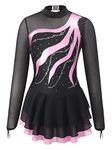 CHICTRY Kids Girl's Mesh Splice Figure Ice Skating Dress Long Sleeves Ballet Dance Gymnastics Leotards Tutu Dress Dancewear Pink 9-10 Years