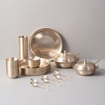 Veda Essentials. 40-Piece Kansa Dinner Set | Matte Finish | 6 Plate (10.5" Thali), 12 Bowls, 6 Glass, 6 Sweet Dish Plate, 6 Spoon, 2 Serving Bowls with 2 Spoons | Handcrafted Bronze Tableware (कांसा)