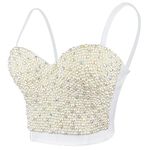 ELLACCI Sexy Pearls Beaded Rhinestone Bustier Crop Top Push up Corset Top with Detachable Straps White Small