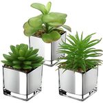Briful Mini Artificial Succulent Plants, Set of 3 Faux Succulents in Galvanized Glass Pot Modern Fake Plants Plastic Succulents for Centerpiece Bathroom Shelf Bedroom Decor