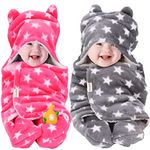 OYO BABY Baby Blankets New Born Babies | Pack of 2, Super Soft Baby Sleeping Bag for Baby Boys, Baby Girls, Babies (76cm x 70cm, 0-6 Months, Fleece, Skin Friendly, Stars Pink, Grey)