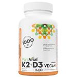 PlantVital High-Potency Vegan Vitamin D3 + K2 - (1000IU / 25 mcg + 120 mcg) for Bones, Teeth, Good Health, and Immune System - Patented MK7 Form - K2 D3 vitamin - 8 Months Supply - 240 Capsules.