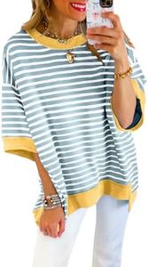 SHEWIN Womens Shirts Casual Crewneck Color Block Cute Summer Top 2024 Loose Short Sleeve Sweatshirt for Women Striped T Shirt Trendy Ladies Tops and Blouses Dusk Blue Stripe XL