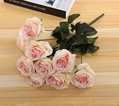 Ecosides 10 Heads 1 Bouquets Artificial Roses Silk, Plastic Realistic Roses with Green Leaves, Artificial Fake Flowers Bouquets Real Touch for Wedding,Room,Home,Hotel,Party Decoration,New champagne